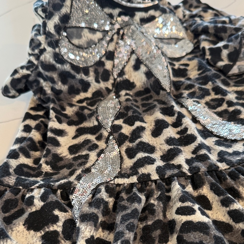 Girls' Black & White Leopard Print Casual Dress with Silver Sequin Bow